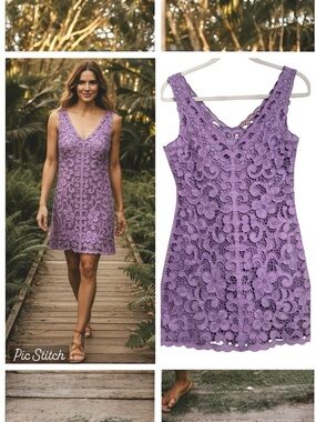 Calypso St Barth S Lavender Linen Eyelet Lace Mini Dress V Neck Flirty Feminine